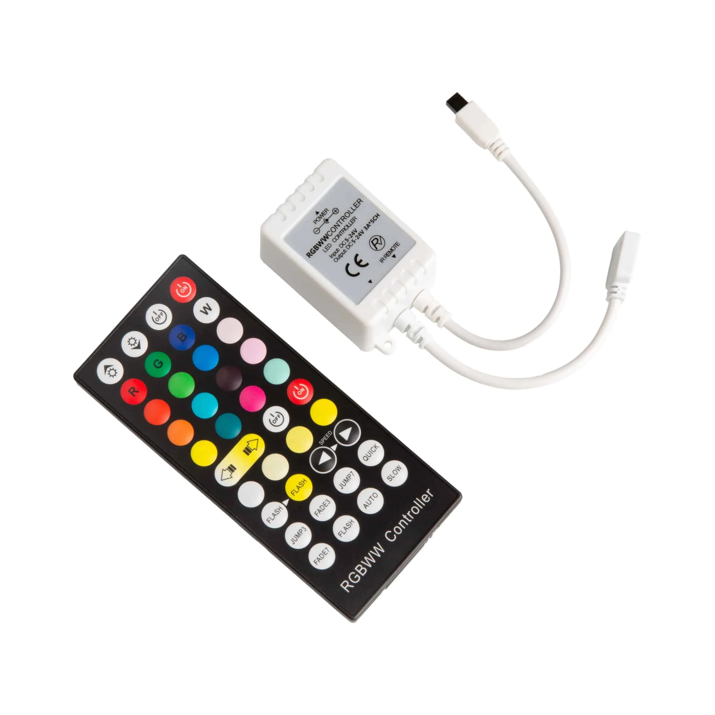 Bezdrôtový ovládač pre RGB pasy (viacfarebné LED svetelné pasy s funkciou bieleho svetla od teplého cez neutrálne až po studené) so 40-tlačidlovým diaľkovým ovládačom Bezdrôtový ovládač pre RGB pasy (viacfarebné LED svetelné pasy s funkciou bieleho svetla od teplého cez neutrálne až po studené) so 40-tlačidlovým diaľkovým ovládačom – Obrázok 1