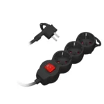 Extension sockets 3x 2P+E (Schuko), with a central switch and a cable 3m long - H05VV-F 3x1.0mm², Imax=10A, flat plug, black