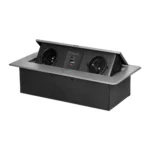 Zapustená nábytková zásuvka plochým frézovaným okrajom a USB nabíjačkou, 2x2P+E, 2xUSB (typ A+C; 3.6A), strieborná