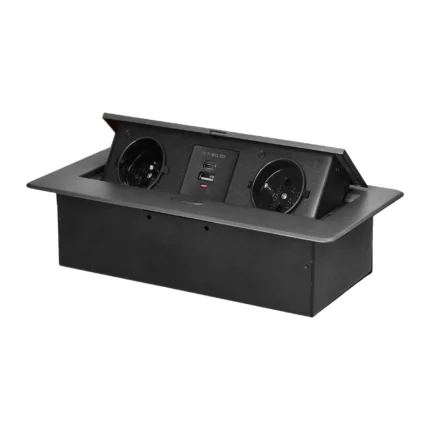 Zapustená nábytková zásuvka plochým frézovaným okrajom a USB nabíjačkou, 2x2P+E, 2xUSB (typ A+C; 3.6A), grafit