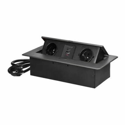 Grafitová zápustná stolová zásuvka s dvomi 230V zásuvkami a USB-A/USB-C portami.