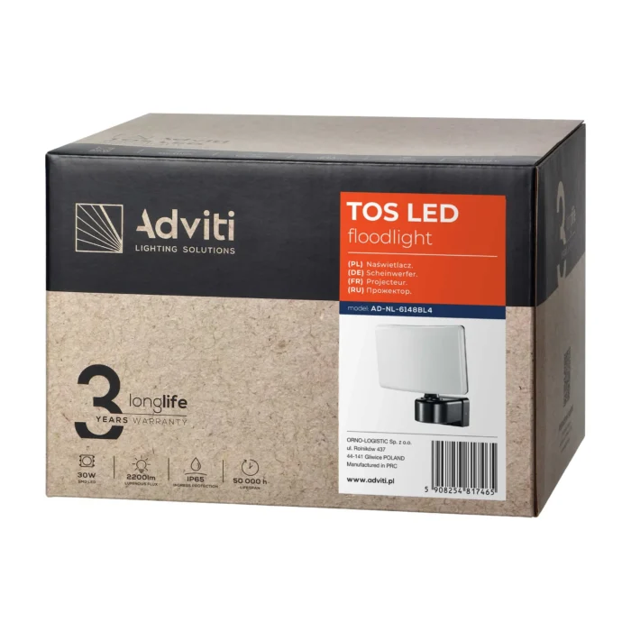 ADVITI TOS LED 30W kompaktný reflektor, 2200lm, IP65, 4000K, PC, čierne. – Obrázok 2