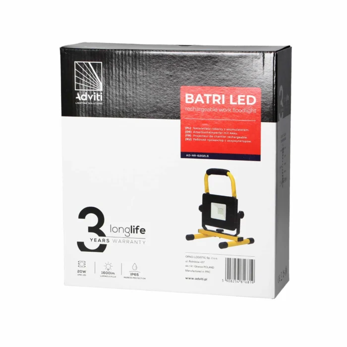 ADVITI BATRI LED 20W, dielenský reflektor, prenosná batéria, 1600lm, IP65, 6500K, 2200mAh – Obrázok 2