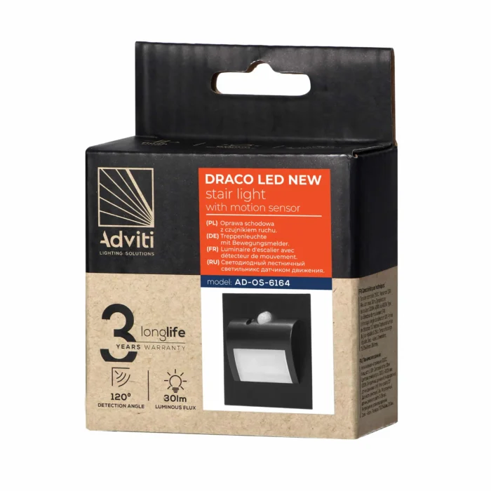 ADVITI DRACO LED NEW 1,5W, schodiskové svietidlové svetlo, 12VDC, 30lm, 4000K, čierne, svetelný a pohybový senzor – Obrázok 2