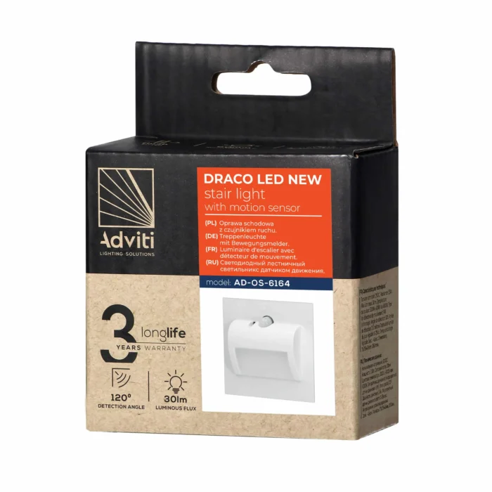ADVITI DRACO LED NEW 1,5W, schodiskové svietidlové svetlo, 12VDC, 30lm, 4000K, biele svetlo a senzor – Obrázok 2