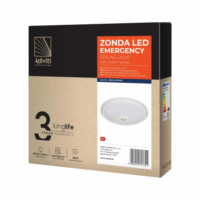 ADVITI ZONDA LED EMERGENCY 12W/1,2W, stropné svietidlo s pozitívnym senzorom, 800lm/80lm, IP20, 4000K, jasné PC, biela – Obrázok 2