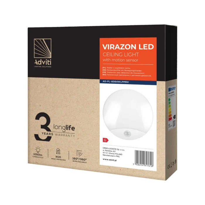 ADVITI VIRAZON LED 15W, stropné svietidlo s hybridným senzorom 1050lm, IP44, 4000K, jasné PC, biele – Obrázok 2