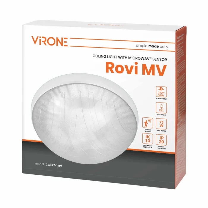 ROVI MV, stropné svietidlo s mikrovlnným senzorom, 75W, E27, IP20, IK10, číre, polykarbonátové tinidlo – Obrázok 2