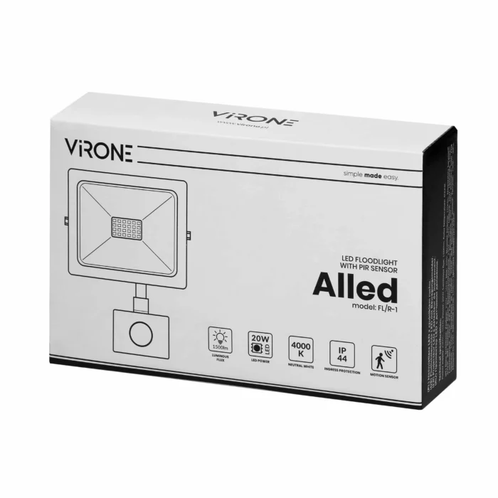 ALLLED LED svetlomet s pohybovým senzorom, 20W, 1500lm, IP44, 4000K, Alu+sklo – Obrázok 2