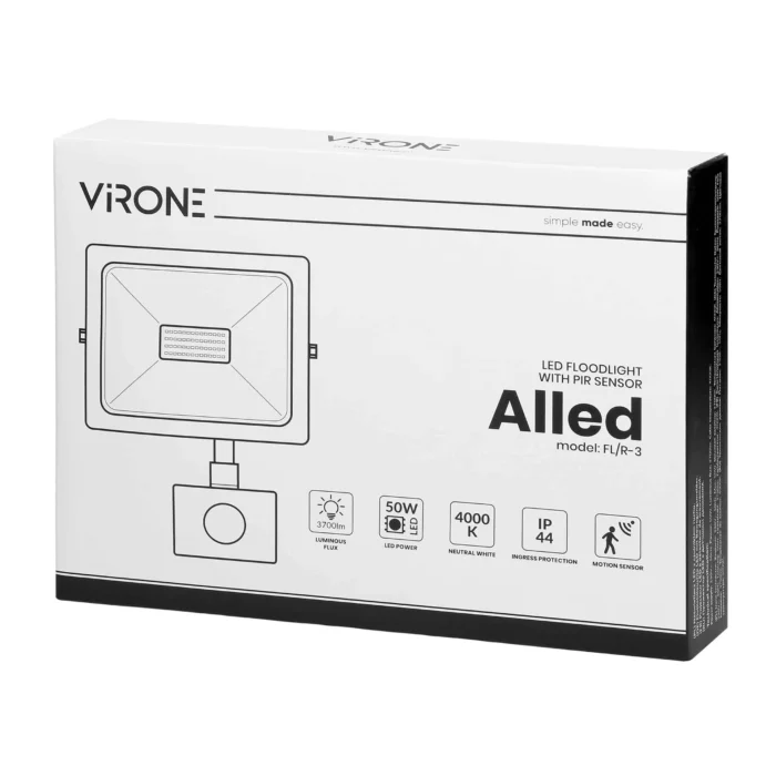 ALLLED LED svetlomet s pohybovým senzorom 50W, 3700lm, IP44, 4000K, Alu+sklo – Obrázok 2