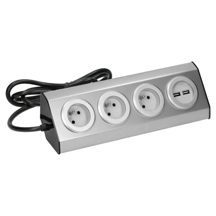 Nábytková zásuvka rohová ORNO FS-4 3x2P+Z, 2xUSBkábel 1,5m, 230V~, strieborný – Obrázok 3