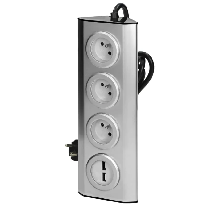 Nábytková zásuvka rohová ORNO FS-4 3x2P+Z, 2xUSBkábel 1,5m, 230V~, strieborný – Obrázok 5