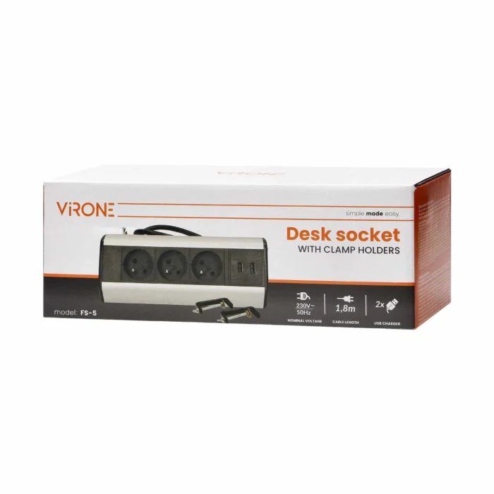 Zásuvka nábytková na kábel VIRONE FS-5 3x2P+Z 2xUSB 1,8m,skoby, čierna/INOX – Obrázok 2