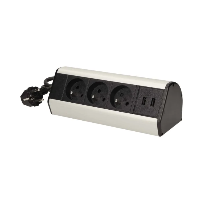 Zásuvka nábytková na kábel VIRONE FS-5 3x2P+Z 2xUSB 1,8m,skoby, čierna/INOX – Obrázok 3