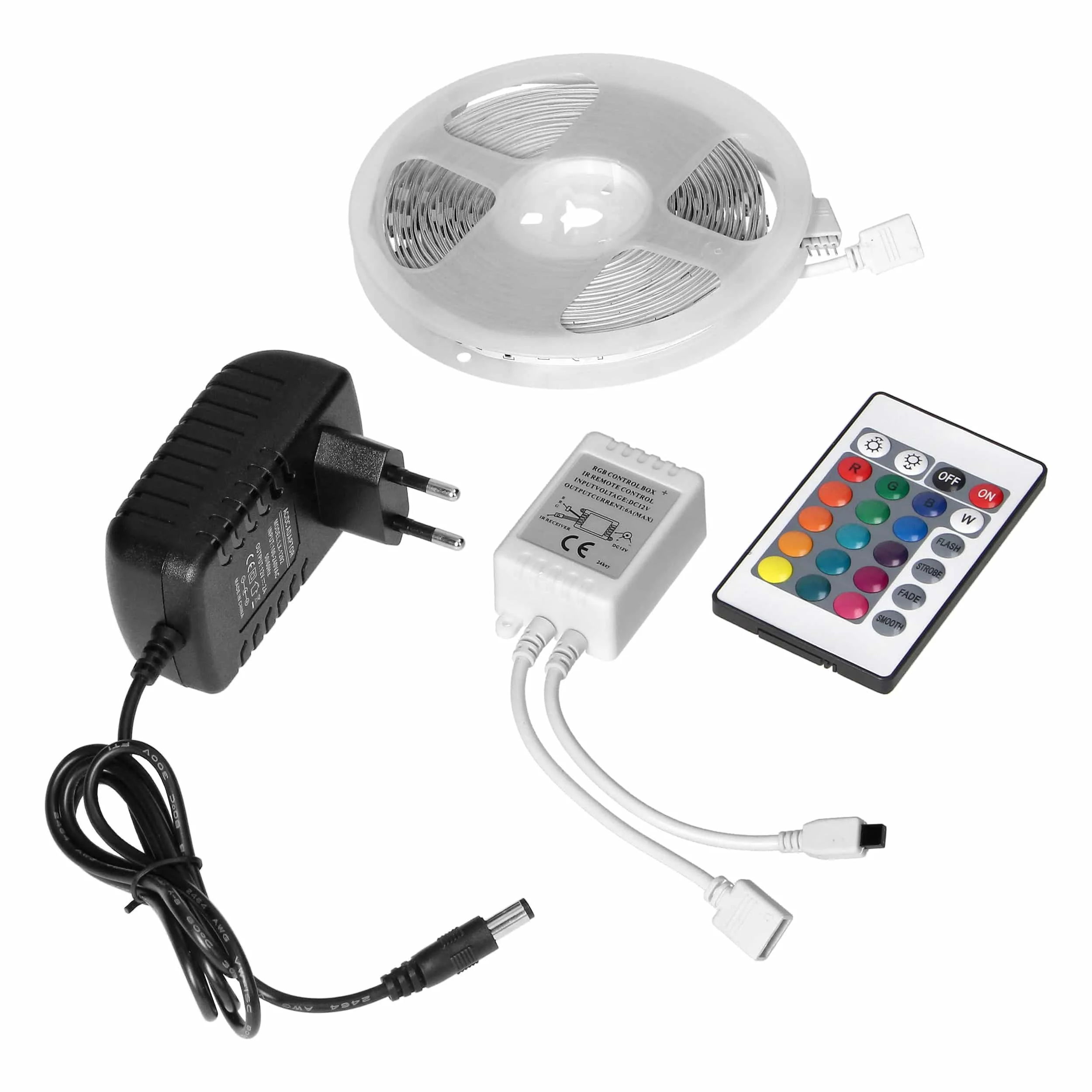 Sada LED osvetlenie pre dekoráciu na suchých miestach 12V 100 30 led/m Sada LED osvetlenie pre dekoráciu na suchých miestach 12V 100 30 led/m, 7,2W/m IP20 RGB, dĺžka 5m, s RGB driverom a prívodom vody – Obrázok 1