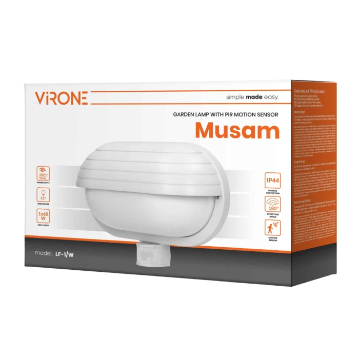 Záhradná lampa MUSAM s pohybovým senzorom 180° a clonou, 1x60W, E27, IP44, plast, biela – Obrázok 2