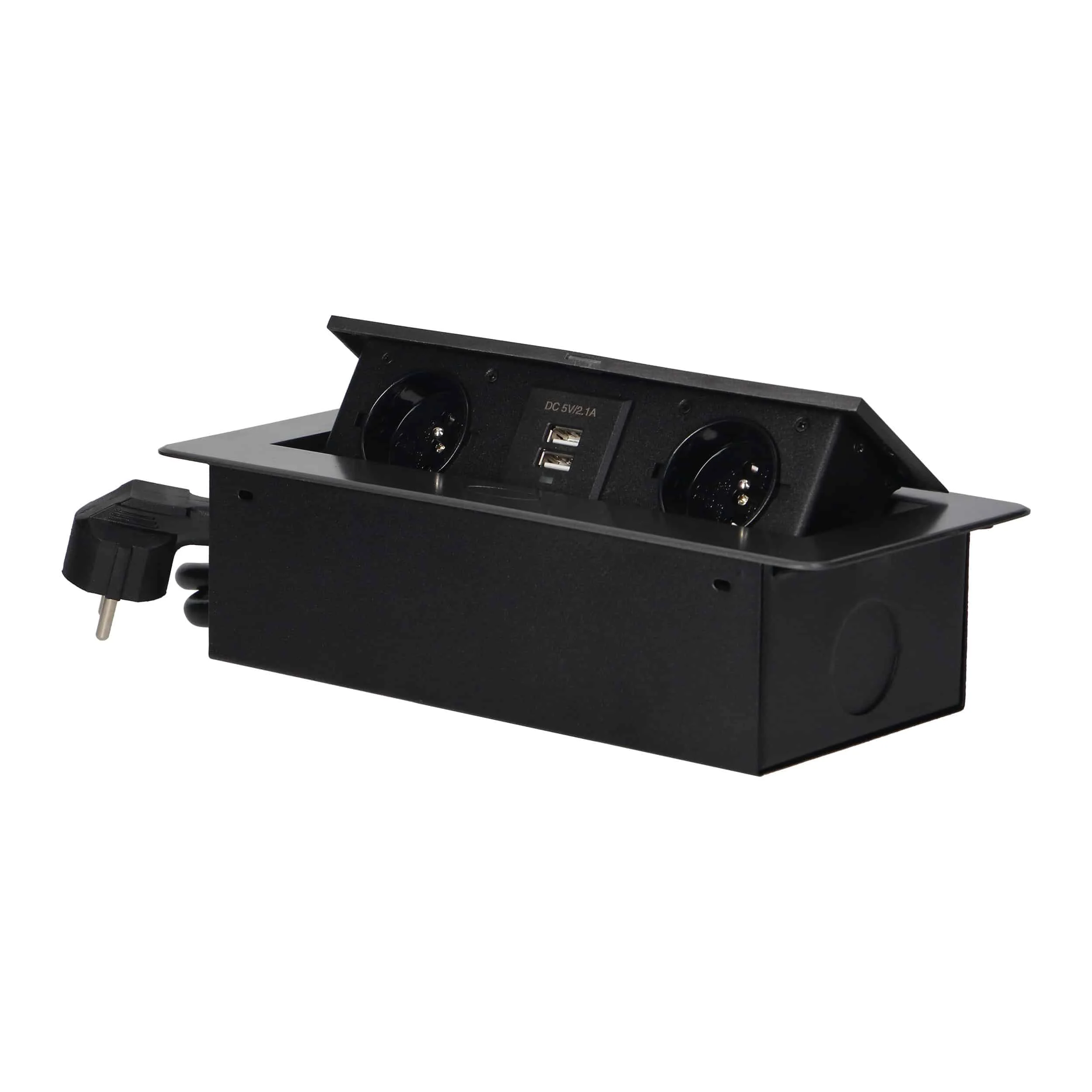 Zapustené nábytkové zásuvky so zakrytými doskami Zapustené nábytkové zásuvky so zakrytými doskami, USB kábel, 1,5 m kábel, 2x2P+E, 2xUSB, grafit – Obrázok 1