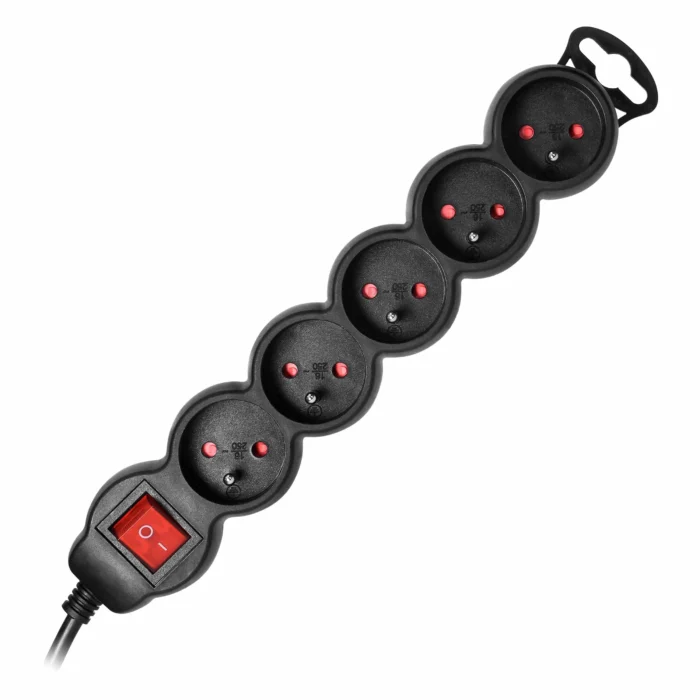 Predlžovačka s 5 zásuvkami 2P+E a centrálnym vypínačom. Má plochú zástrčku a PVC kábel H05VV-F 3x1,0mm², Imax=10A, dĺžka 3m, čierneny – Obrázok 3