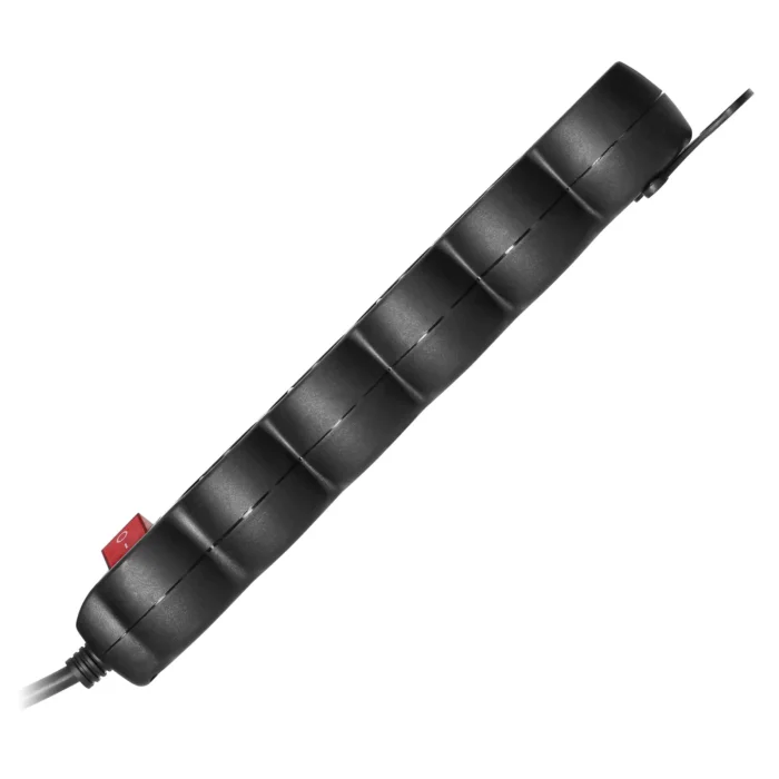 Predlžovačka s 5 zásuvkami 2P+E a centrálnym vypínačom. Má plochú zástrčku a PVC kábel H05VV-F 3x1,0mm², Imax=10A, dĺžka 3m, čierneny – Obrázok 5