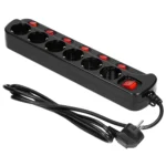Multiswitch power strip with 6 2P+E sockets (Schuko type), cable 3x1mm², 1.5m long. Thermal protection switch, 10A/230 VAC, black