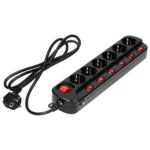 Multiswitch power strip with 6 2P+E sockets (Schuko type), cable 3x1mm², 1.5m long. Thermal protection switch, 10A/230 VAC, black – Obrázok 3