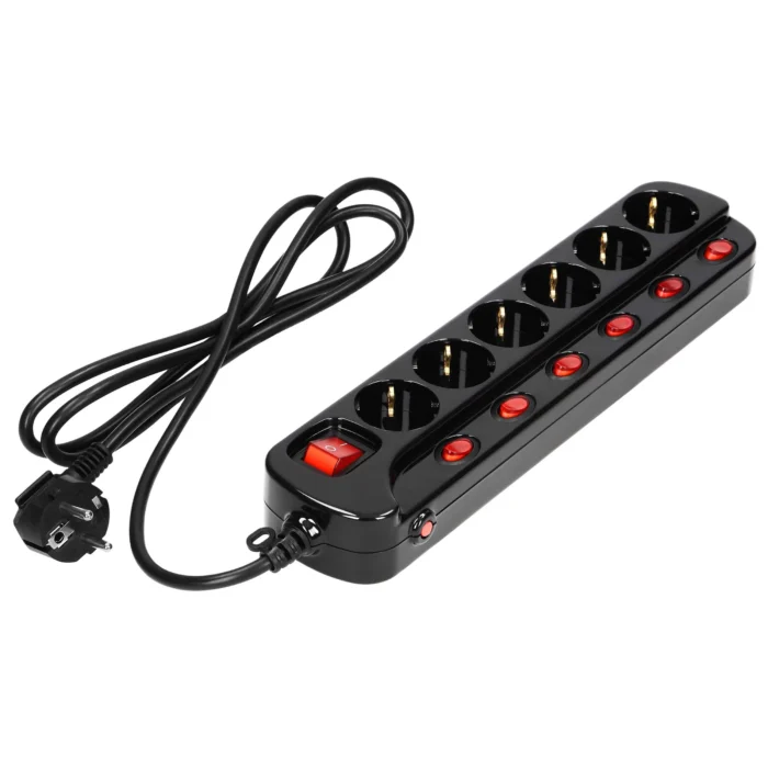 Multiswitch power strip with 6 2P+E sockets (Schuko type), cable 3x1mm², 1.5m long. Thermal protection switch, 10A/230 VAC, black – Obrázok 3