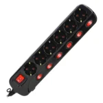 Multiswitch power strip with 6 2P+E sockets (Schuko type), cable 3x1mm², 1.5m long. Thermal protection switch, 10A/230 VAC, black – Obrázok 4