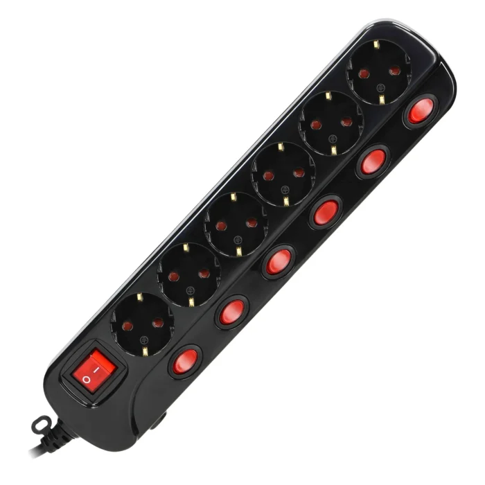 Multiswitch power strip with 6 2P+E sockets (Schuko type), cable 3x1mm², 1.5m long. Thermal protection switch, 10A/230 VAC, black – Obrázok 4