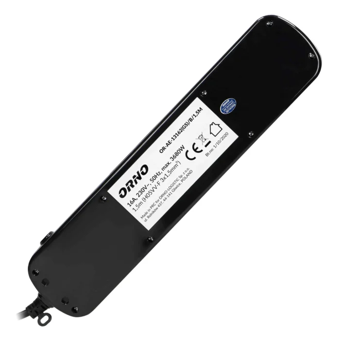 Multiswitch power strip with 6 2P+E sockets (Schuko type), cable 3x1mm², 1.5m long. Thermal protection switch, 10A/230 VAC, black – Obrázok 5