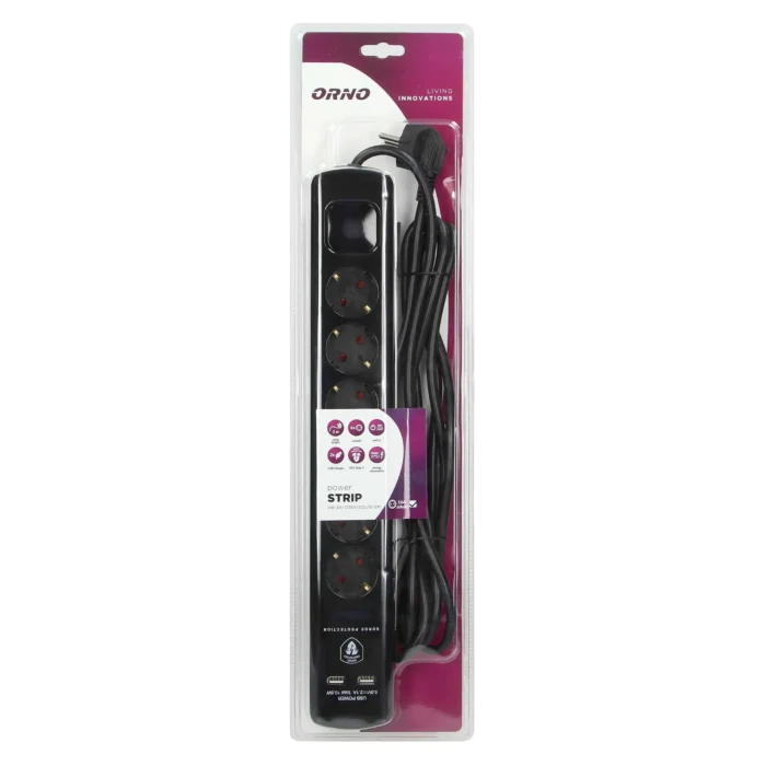 Power strip with surge protection and main switch, 6 sockets 2P+E (Schuko type), 2 USB chargers 2.1A., cable 3x1.5mm², 3m long, black – Obrázok 2