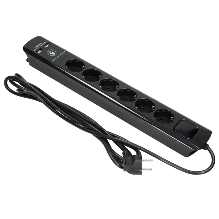 Power strip with surge protection and main switch, 6 sockets 2P+E (Schuko type), 2 USB chargers 2.1A., cable 3x1.5mm², 3m long, black – Obrázok 3