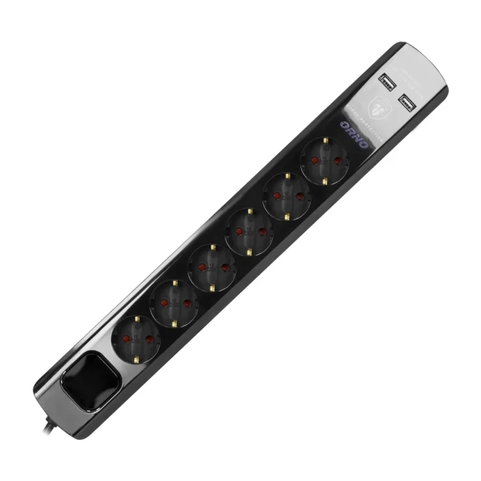 Power strip with surge protection and main switch, 6 sockets 2P+E (Schuko type), 2 USB chargers 2.1A., cable 3x1.5mm², 3m long, black – Obrázok 4