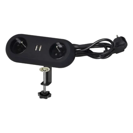 Stolová predlžovacia zásuvka s USB konektormi a držiakmi - 2x 2P+E konektory, 2xUSB, kábel 3x1mm², dĺžka 1,5m,