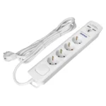 Power strip with surge protection, 4 sockets 2P+E (Schuko), 3x1.0mm2 cable, 3m long, with a two-way backlit switch, 16A / 230 VAC, surge protector type 3, 2xUSB 2.1A charger,