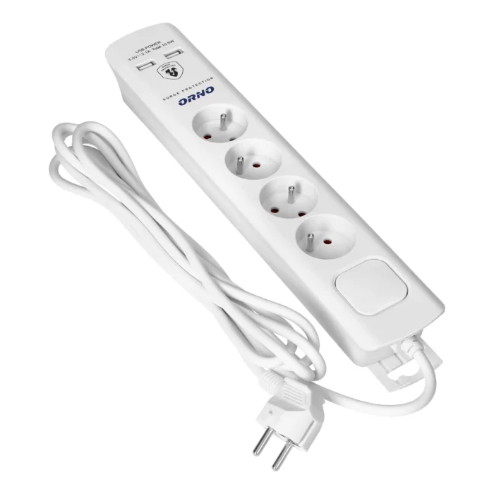 Pripojenie s prepäťovou ochranou, 4 konektory 2P+E, kábel 3x1.0mm2, dĺžka 3m, s oboma pripojeniami, 10A / 230 VAC, prepäťová ochrana typ 3, dobíjacie ka 2xUSB 2.1A, biela – Obrázok 3