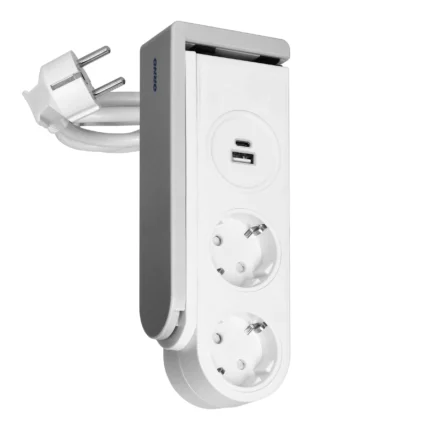 Desk power strip with USB charger and spring clip, Schuko version