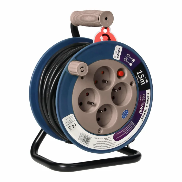 Kábel Predlžovací bubon so 4 zásuvkami 2P+E, kovový stator, kábel: PVC H05VV-F 3x1mm², 15m, šedý – Obrázok 2