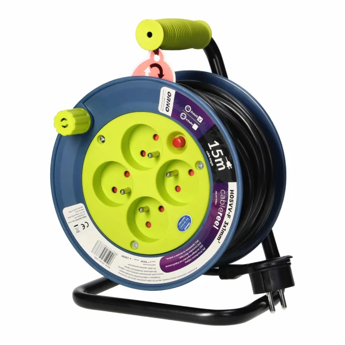 MINI kábel Predlžovací bubon so 4 zásuvkami 2P+E, kovový stator, kábel: PVC H05VV-F 3x1mm², 15m, vápno – Obrázok 2