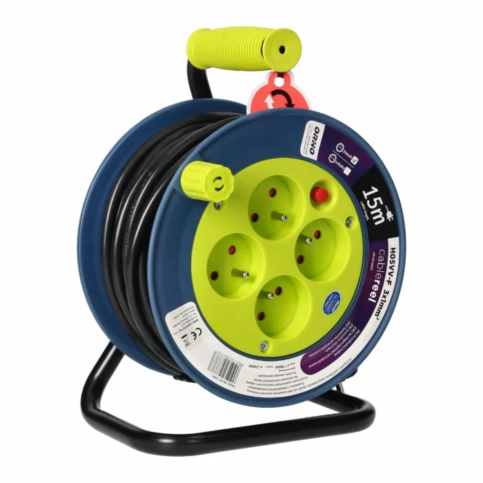 MINI kábel Predlžovací bubon so 4 zásuvkami 2P+E, kovový stator, kábel: PVC H05VV-F 3x1mm², 15m, vápno – Obrázok 5