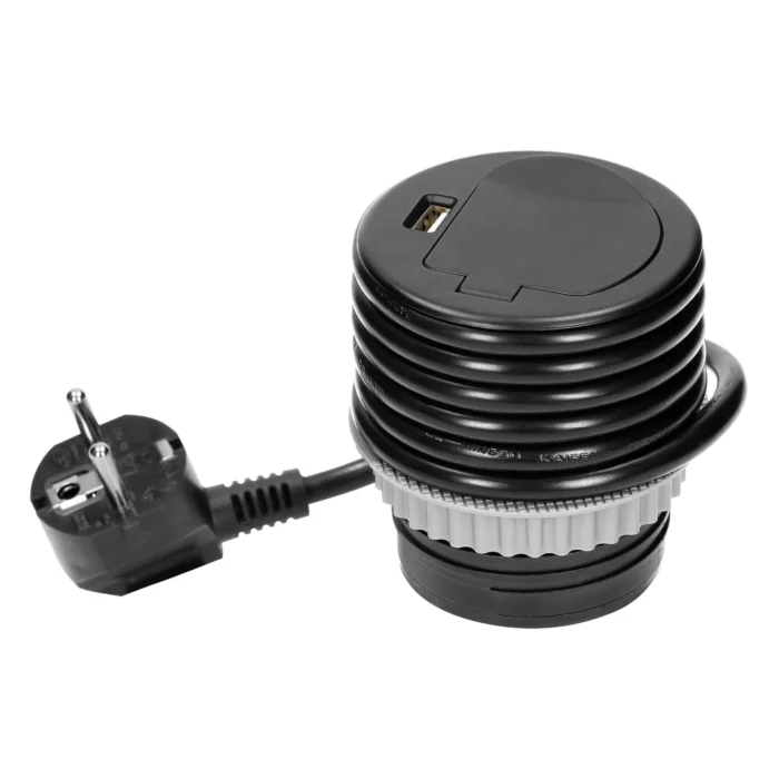 Kryt kábla Ø6cm s ochranným krytom, kábel USB, kábel 1,9 m, 1x2P+E, 1xUSB, čierne. – Obrázok 3