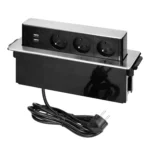 Podomietkový nábytkový box na pitie, 3 zásuvky typu E, 2 USB porty, sklo-strieborný, INOX