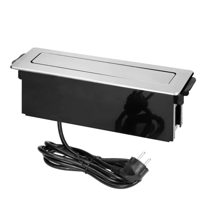 Podomietkový nábytkový box na pitie, 3 zásuvky typu E, 2 USB porty, sklo-strieborný, INOX – Obrázok 3