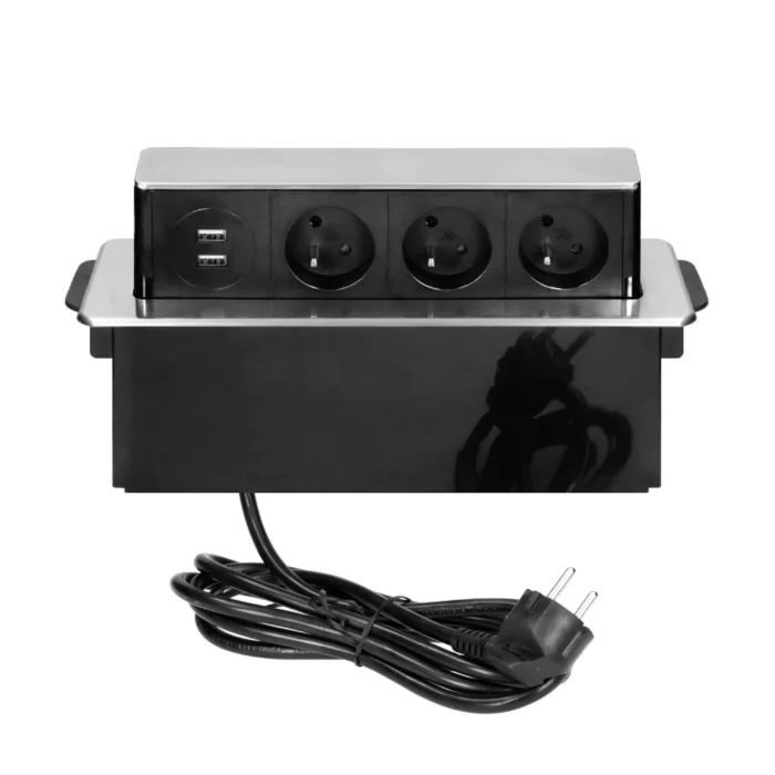 Podomietkový nábytkový box na pitie, 3 zásuvky typu E, 2 USB porty, sklo-strieborný, INOX – Obrázok 5