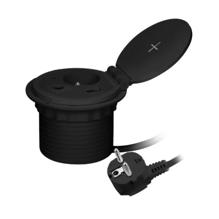 Zapustená stolová zásuvka s indukčným napájaním, USB napájaním a ďalšími vymeniteľnými modulmi, kábel 2m dlhý,