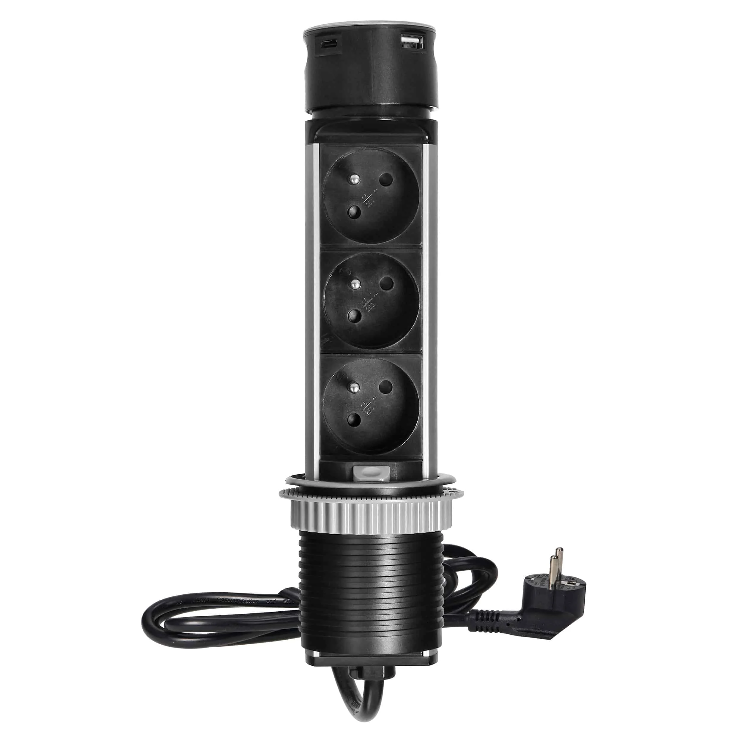Pripojovací box Ø6cm s USB konektorom a 1 Pripojovací box Ø6cm s USB konektorom a 1,5m káblom, 3x2P+E, 2xUSB (typ A a C), INOX – Obrázok 1
