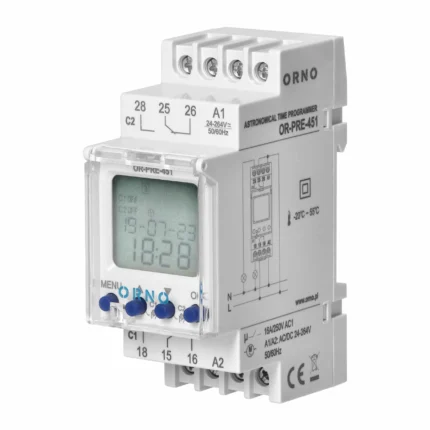 Digitálny časovač podľa DIN zoznamu, 100 programov, 3 jazyky menu, 2 kanály, max 16A/230V, 2 moduly