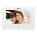 Bezdotykový video monitor so 7" LCD displejom, preddisplej, séria INDI a SCUTI, s otváraním dverí a funkciou interkomu, biela – Obrázok 2