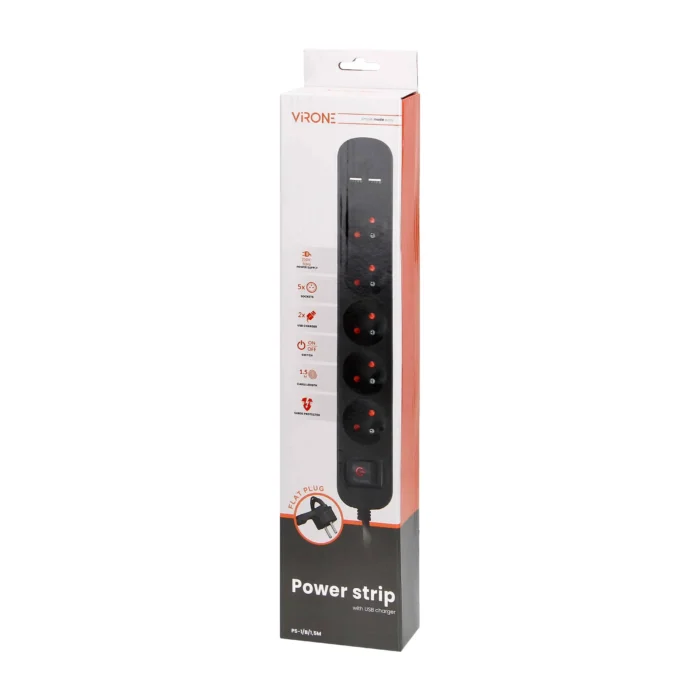 Napájacia s prepäťovou ochranou, 5 zásuviek 2P+E, 1,5m kábel, obojsmerný pod, 10A/230 VAC, 2xUSB 2.1A, plochá sieťka – Obrázok 2