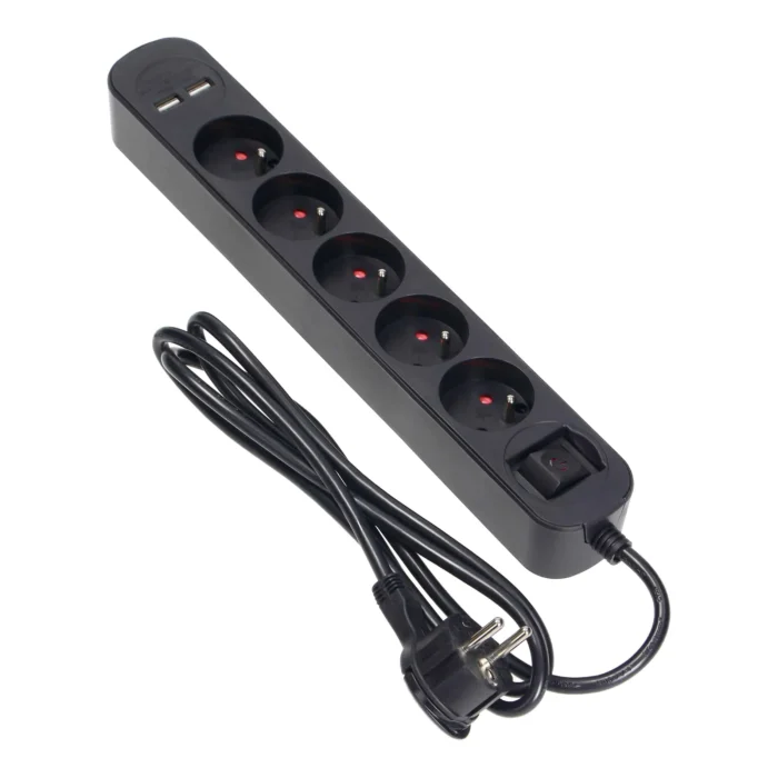 Napájacia s prepäťovou ochranou, 5 zásuviek 2P+E, 1,5m kábel, obojsmerný pod, 10A/230 VAC, 2xUSB 2.1A, plochá sieťka – Obrázok 3