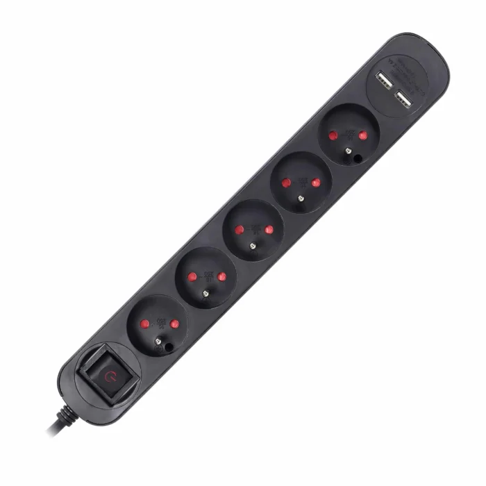 Napájacia s prepäťovou ochranou, 5 zásuviek 2P+E, 1,5m kábel, obojsmerný pod, 10A/230 VAC, 2xUSB 2.1A, plochá sieťka – Obrázok 4
